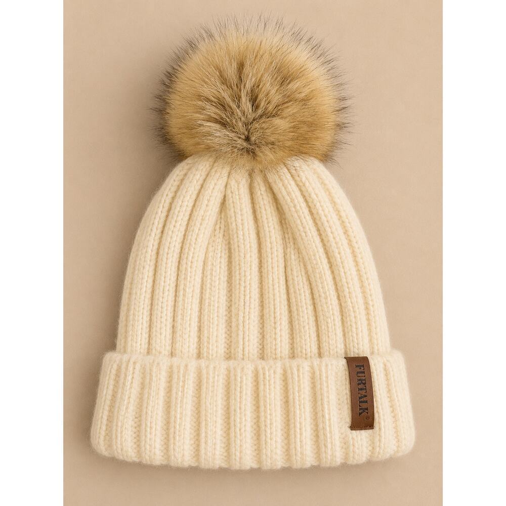 FURTALK Cream Ribbed Knit Beanie Hat Faux Fur Pom Pom Winter Acrylic One Size